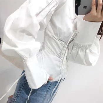 

White Long Money Wrinkles V Collar Lantern Sleeve Waist Slim Fit Women's Wear Shirt