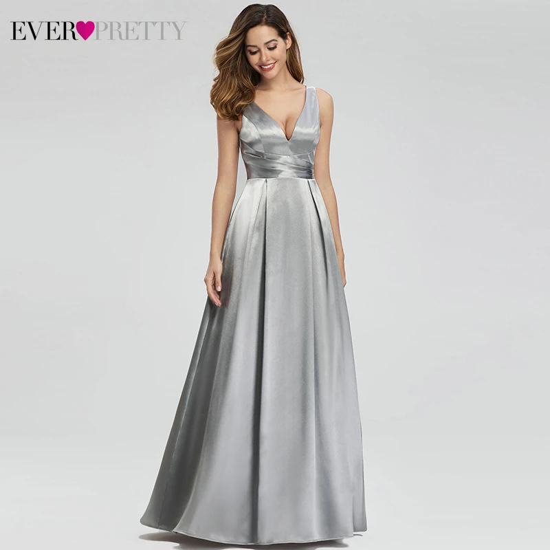 

Grey Satin Evening Dresses Long Ever Pretty A-Line Double V-Neck Formal Dresses Women Elegant Party Gowns Robe De Soiree 2019