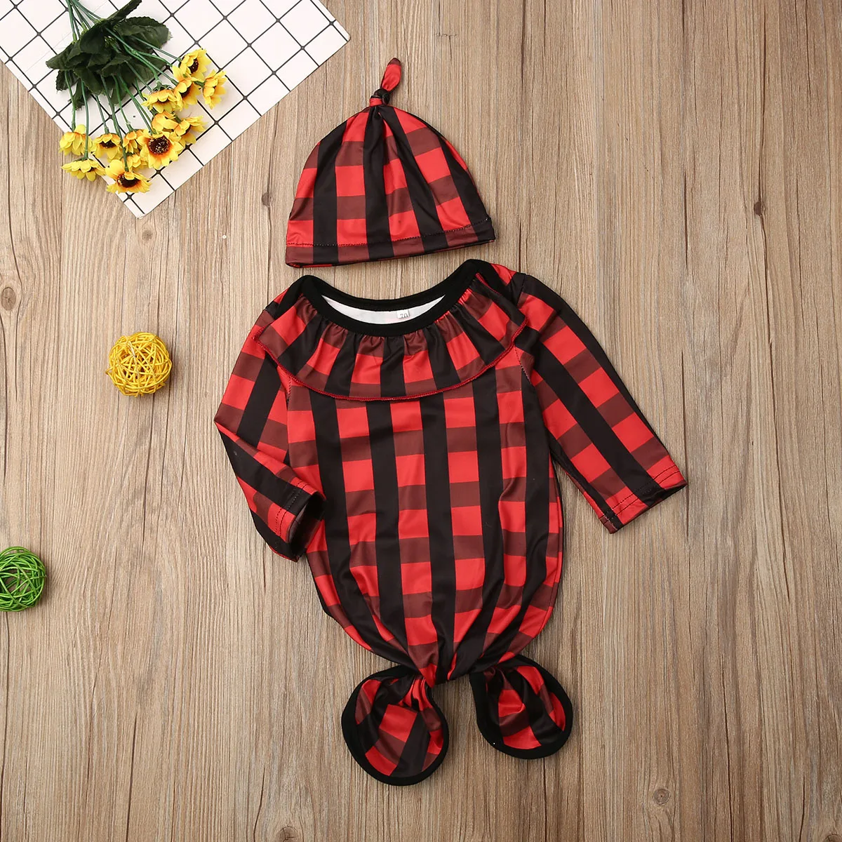 Newest Hot Newborn Baby Infant Christmas Plaid Swaddle Wrap Blanket Long Sleeve Sleeping Bag+Hat For 0-24 Months