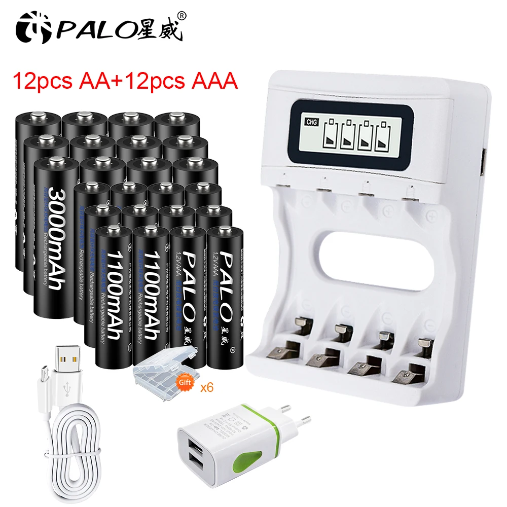 Palo AA AAA зарядное устройство с ЖК-дисплеем умное быстрое USB зарядное устройство+ 1,2 в AA 2A перезаряжаемая батарея+ 1,2 в Ni-MH предварительно заряженные 3A AAA батареи - Цвет: 12AA 12AAA 1 charger