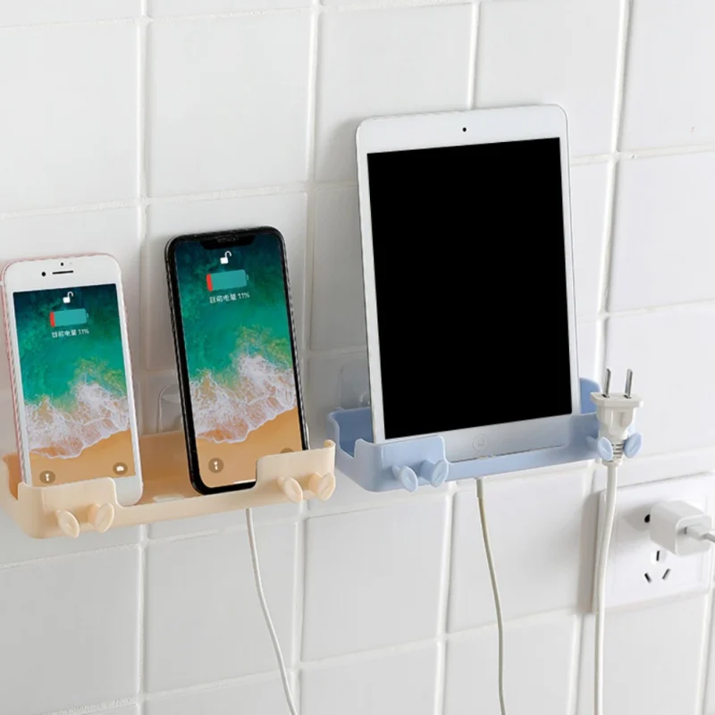 

Wall Mounted Phone Holder Plastic Self Adhesive Stand Shelf Charging Holder Plug Socket Cable Management For Bedroom
