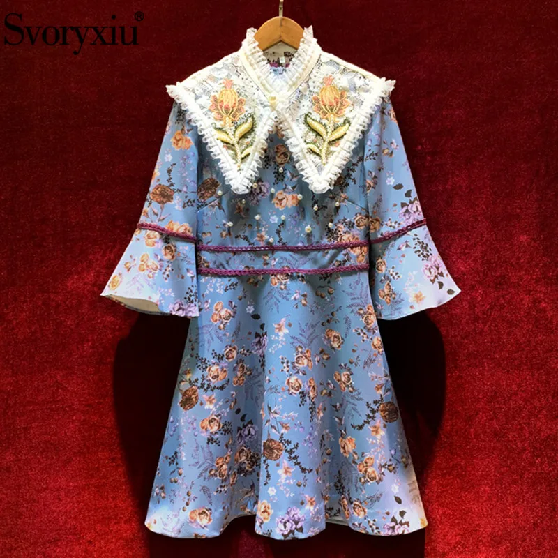 Svoryxiu Подиум высокого класса осенние вечерние винтажные платья женские элегантные жемчужные кружева вышивка съемный воротник короткое платье с принтом