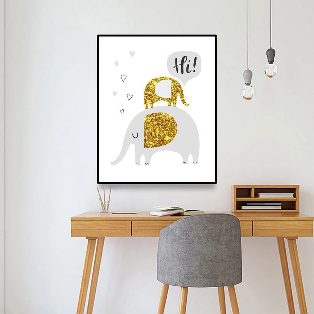 

Canvas Poster Painting Cute elephants Golden glitter Creative Wall Decor Picture Living Decoration Birthday Gift For Children