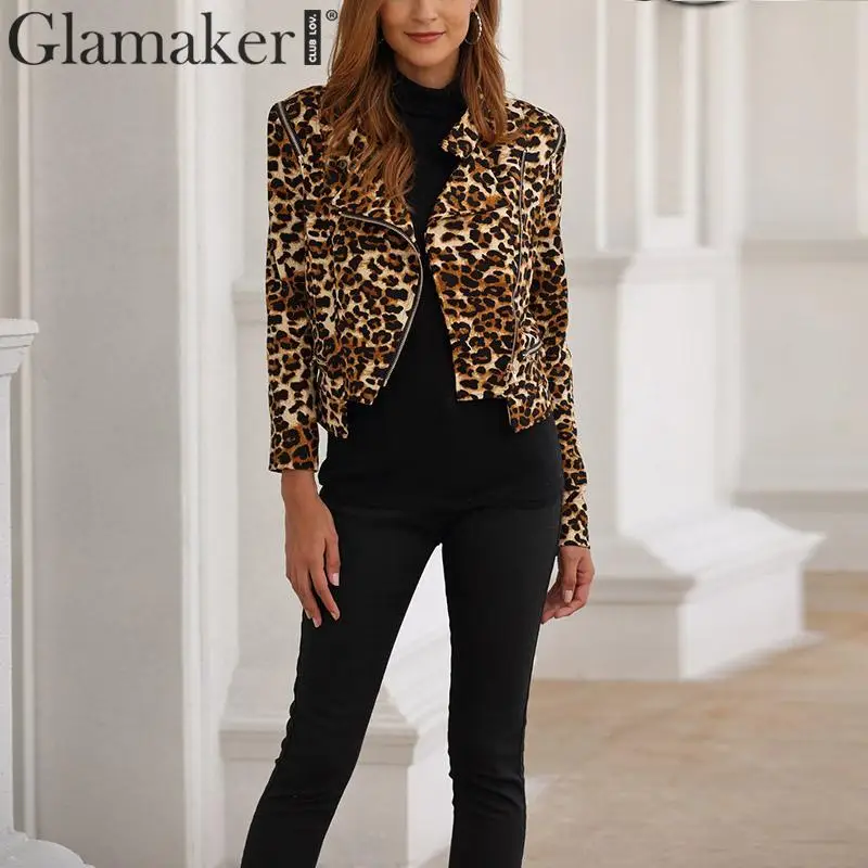 Glamaker Леопардовый принт куртка отложной воротник длинный рукав элегантная женская куртка осень зима теплая уличная вечерние сексуальный