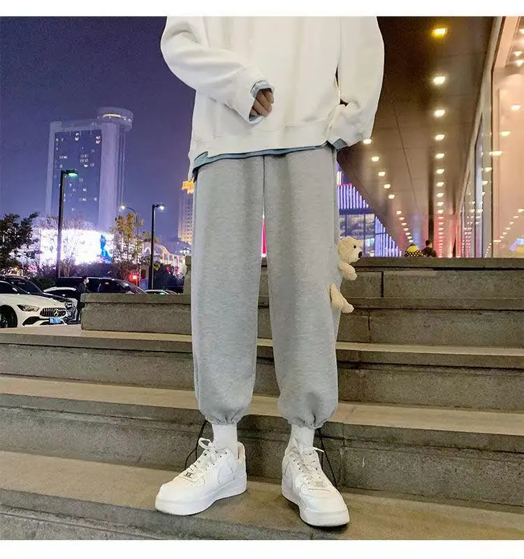 white harem pants 2021 Men's New Couple Bear Decorate Casual Pants Fashion Trend Elastic Waist Trousers Grey/black Color Sweatpants size S-4XL black harem trousers