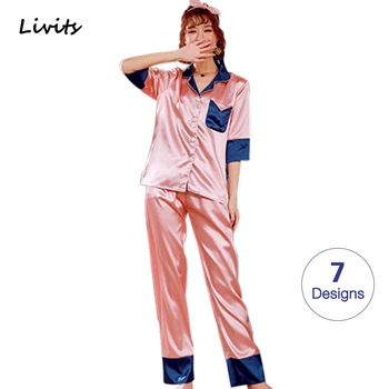 

Women's Pajamas Sets Satin Silk Pyjamas Sleepwear Nightwear Nighty Home Wear Loungewear Short Sleeve Sexy For Female