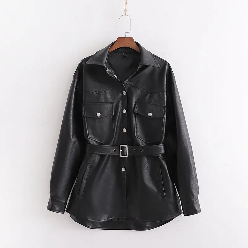 Faux Leather Jackets Women Fashion PU Black Coat Elegant Belt Waist Pockets Buttons Female Coats Streetwear Ladies Jackets - Color: Black