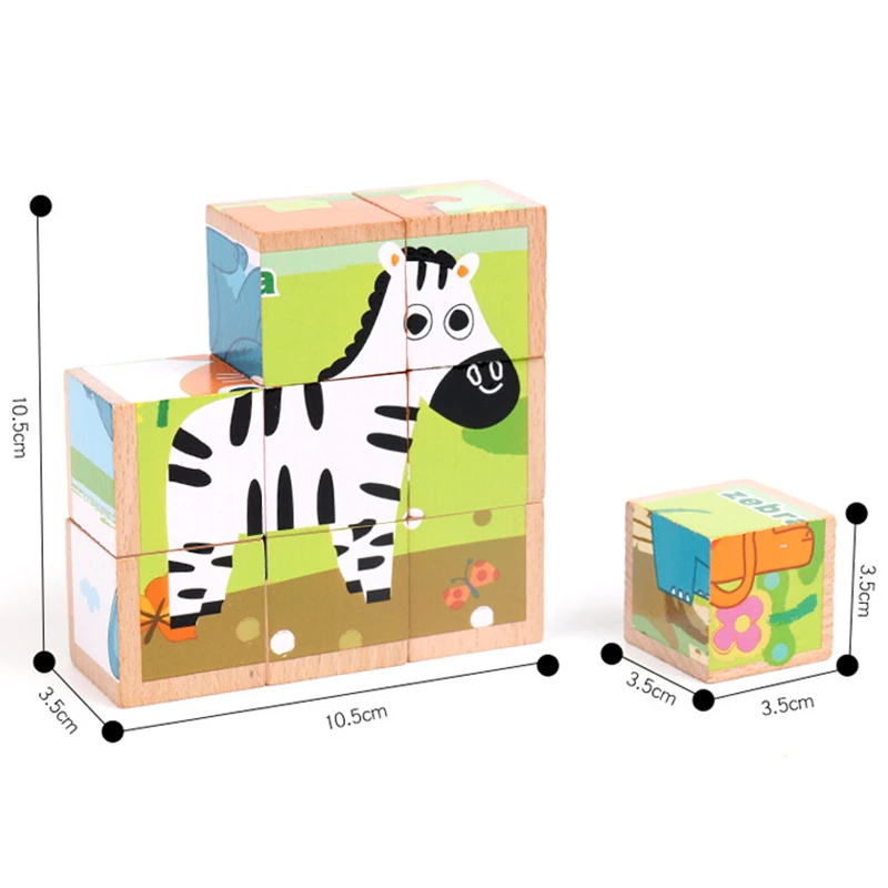 Буковые деревянные Мультяшные животные-головоломки, игрушки 9 шт., одиночные 6 сторонние головоломки, обучающие игрушки для детей