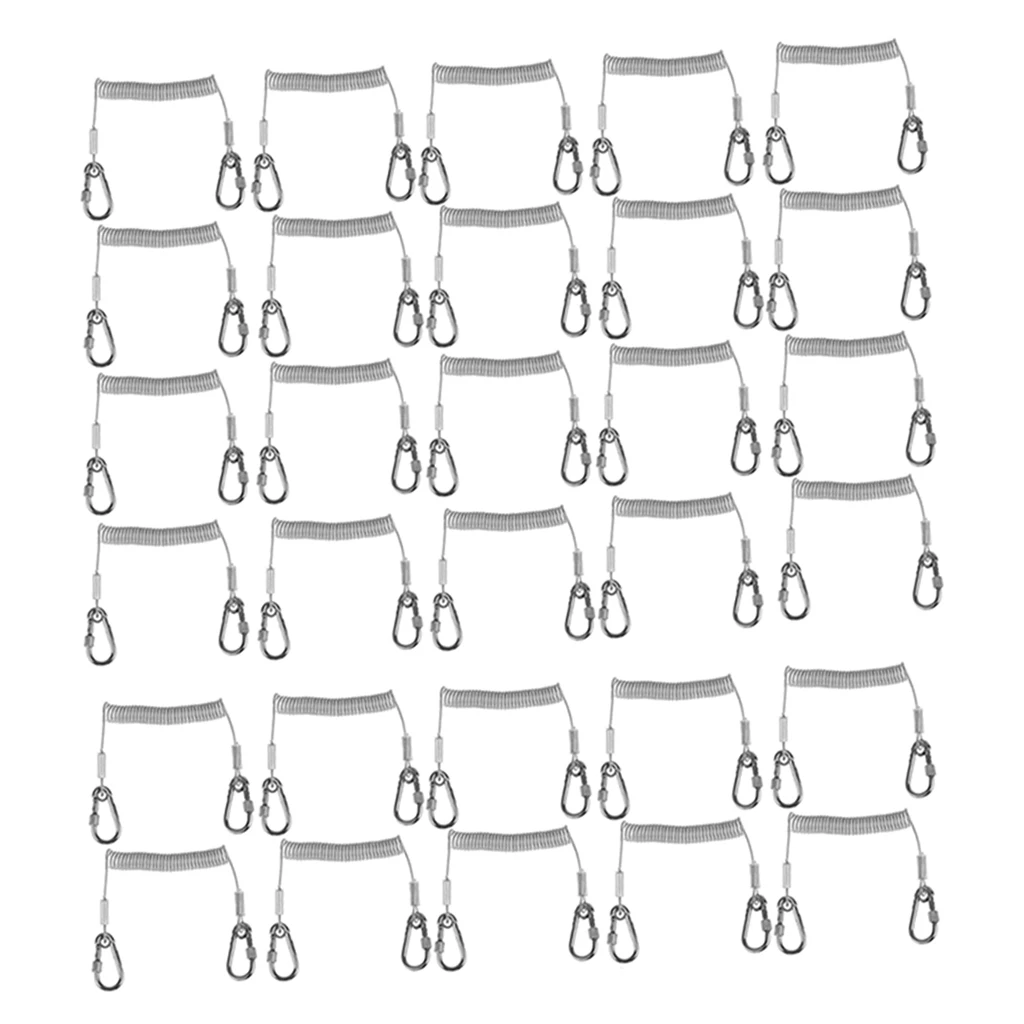 Set of 30 Fishing Lanyard Stainless Steel Retractable Coiled Tether with Carabiner for Pliers Lip Grips Tackle Fish Tools