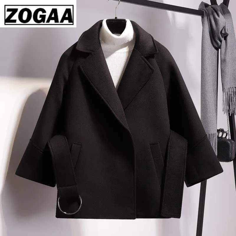 ZOGAA Women Short Woolen Coat Winter Warm Women's Solid Turn-down Collar Jacket Coat with Belt Lovely Dwarf Outwear Overcoat