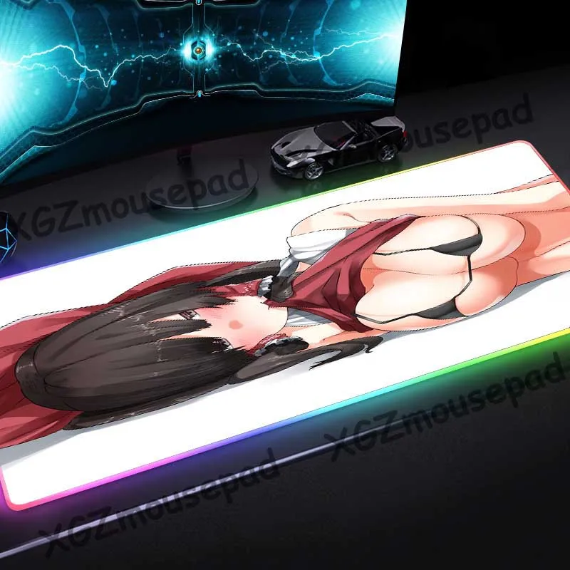 Большой игровой коврик для мыши XGZ с RGB-подсветкой черный застежкой по краю аниме