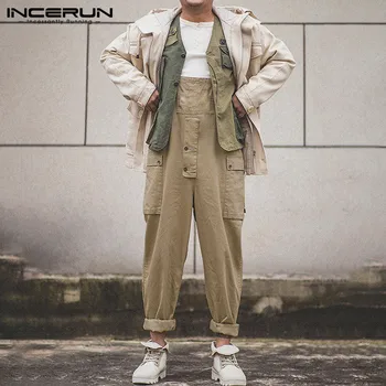 

INCERUN Men Solid Color Casual Straight Leg Pants Fashion Joker Suspender Jumpsuit Streetwear Joggers Mens Rompers Overalls 2020