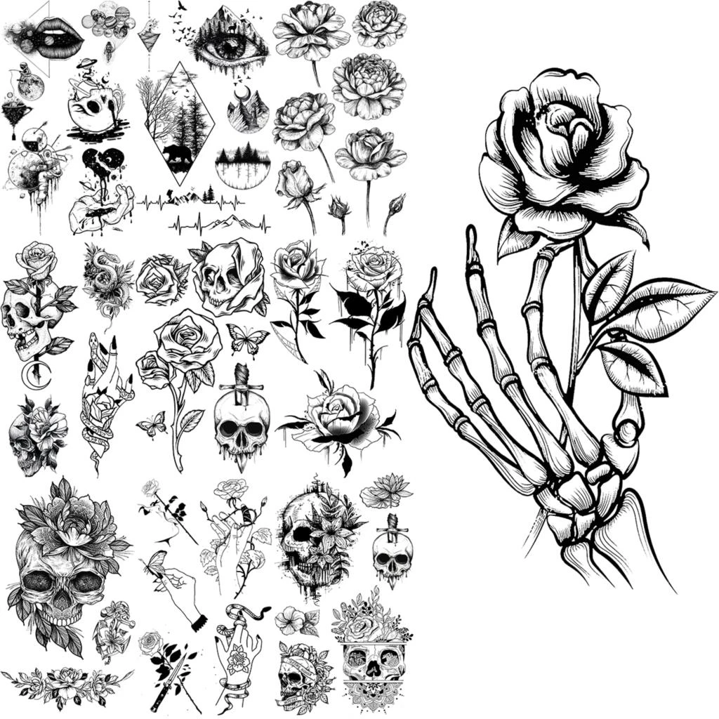 Tatuajes Temporales para mujeres y hombres, dibujo a lápiz, rosa, flor,  esqueleto, realista, bosque, Dagger, Cráneo, tatuaje falso, pegatina,  tatuajes para el cuerpo|Tatuajes temporales| - AliExpress
