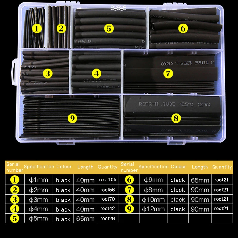 385 шт/партия термоусадочная трубка 2:1 черная трубка Автомобильный Кабель оплетка Ассортимент Комплект для обертывания с Полиолефиновая трубка