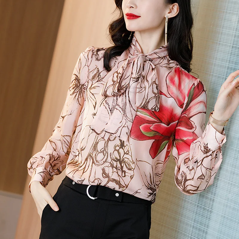 

2020 Spring 100% Real Silk High Quality Shirts Long Sleeved Bowtie Collar Casual Blouses and Tops
