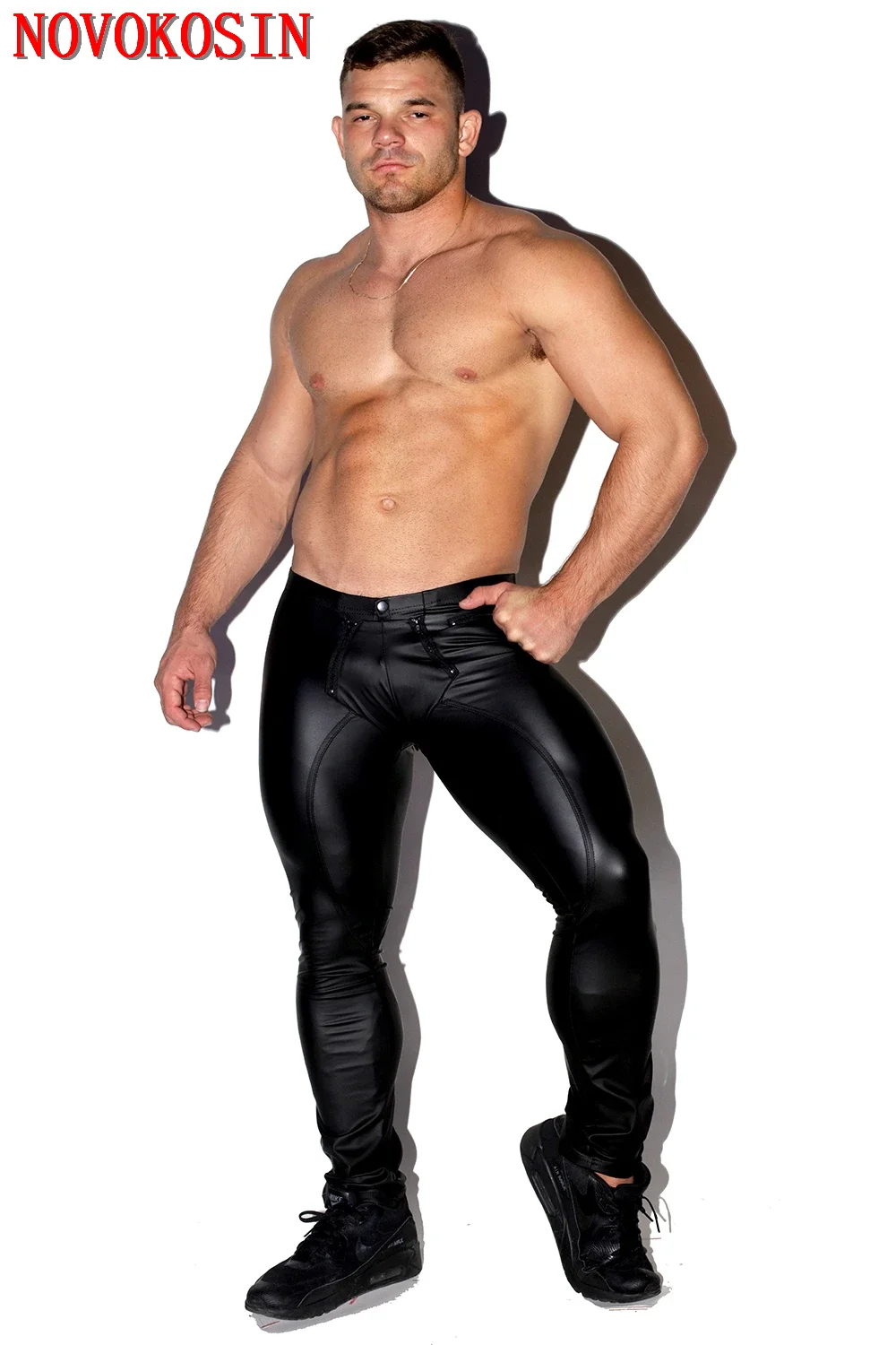 Faux Leather Men Night Club DS Tight Trousres Erotic Costume Lingerie Sexy Zipper Open Penis Pouch Elastic Waist Long Pants