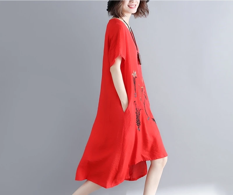Корейское платье, летние платья для женщин, свободные, большие размеры, вышивка, женские ассиметричные платья, красное, желтое, китайское платье TA1533
