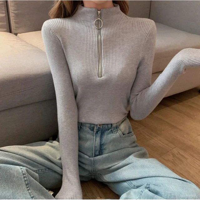 2022 Knitted Women Zipper High Neck Sweater Pullovers Turtleneck Autumn Winter Basic Women Sweaters Slim Fit Black Pull Femme gray