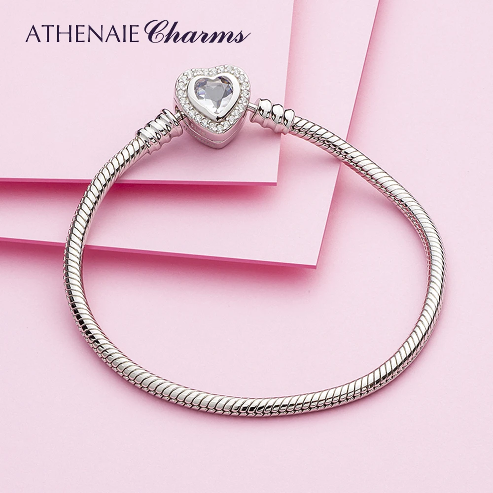 ATHENAIE Authentic 100%  925 Sterling Silver Snake Chain Bangle & Bracelet with CZ Love Heart Clasp Charms Bracelets for Women