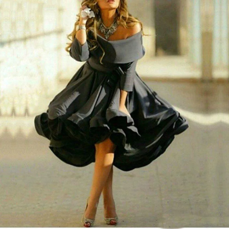 

2020 Black Off the Shoulder Short Prom Dress Satin 3/4 Long Sleeve Formal Party Gowns Women Evening Dresses