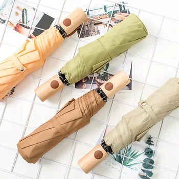 

Automatic Uv Protection Folding Umbrella Coating Windproof Sun Rain Umbrella Vintage Rain Gear Korea Wooden Handle Black L