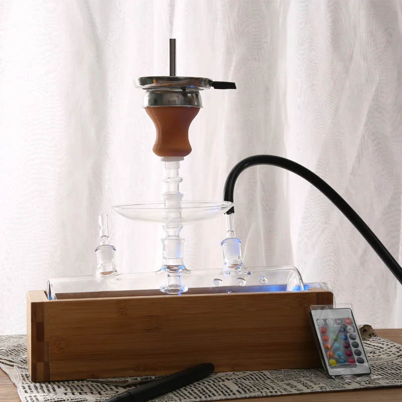 

HOOKAH HY MP5 tank glass hookah shisha with bamboo wooden base led light water proof remote control for lavoo chicha narguile