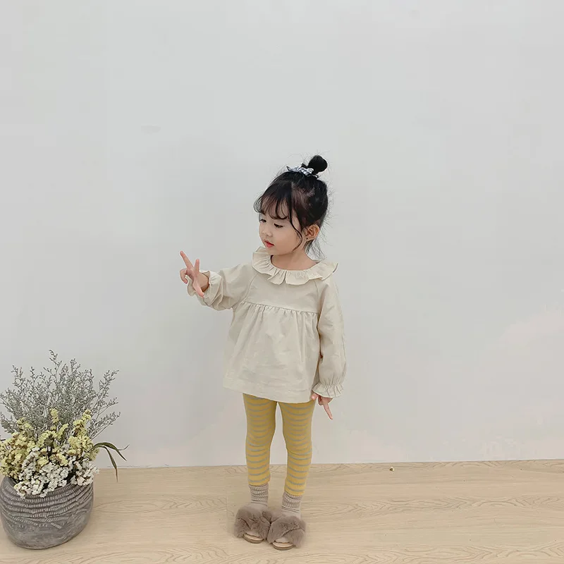 Новые осенние вельветовые Блузки в Корейском стиле для маленьких девочек шикарные топы с воротником и оборками, детская одежда милые рубашки принцессы для малышей