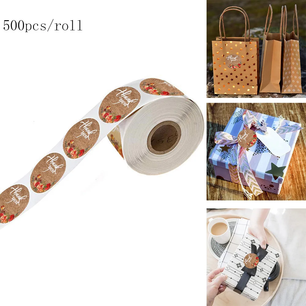 

500pcs/roll Flowers Thank You Stickers For Natural Kraft Paper Stickers Scrapbooking Packaging Labels Stationery Stickers