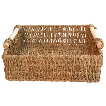 

Straw Basket Wooden Handle Table Simple Storage Basket for Sundries Cosmetics Key (Medium Size 25x25x7cm)