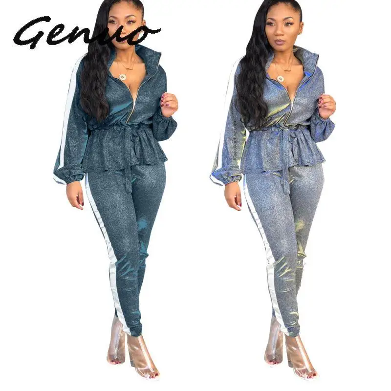 

Womens 2 Piece Sets 2019 Autumn Winter Zipper Long Sleeve Top and Pant Two Piece Suit Sliver Tracksuits Womens Matching Outfits