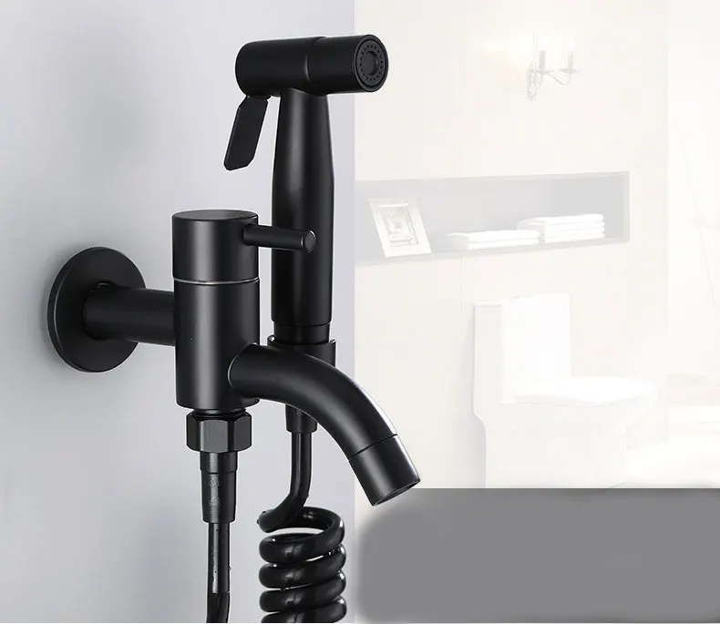 Description Picture 3 of itemBlack single cold faucet with spray gun for household balcony mop pool flush toilet faucet one in and two out SZ 1080