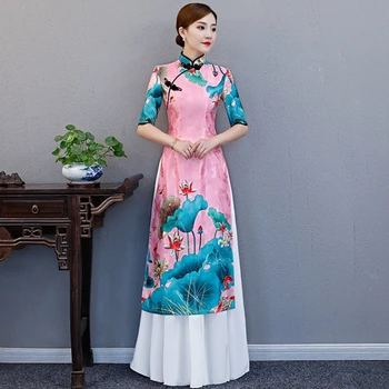 

Plus size 5XL cheongsam autumn new female dignified atmosphere Austrian Chinese etiquette Printing dress catwalk Long cheongsam