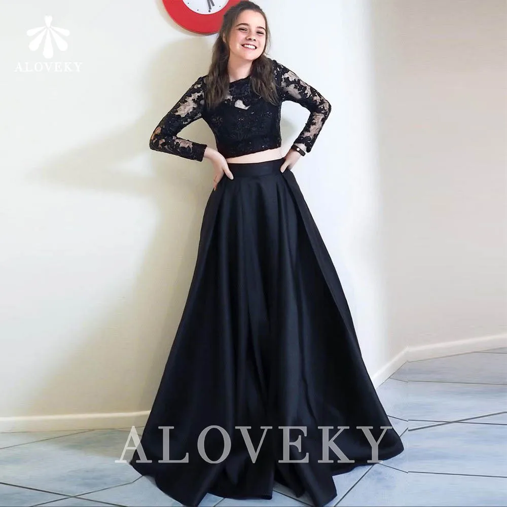 Black Lace Party Dresses Women Evening Dress 2021 2 Pieces Long Sleeve