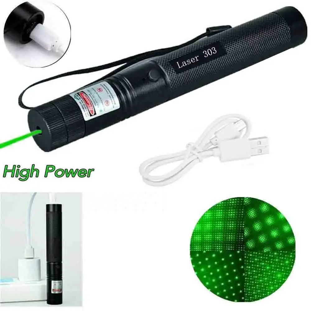 Puntero de luz láser verde con carga USB 303, dispositivo de alta potencia, 532nm, 5mw