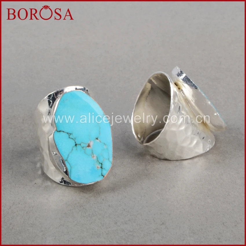 BOROSA, 5 шт., серебряное покрытие, произвольной формы, голубой камень Howlite, манжета, кольцо, Druzy, ювелирные изделия Howlite, регулируемые кольца, ювелирные изделия для женщин, S0208