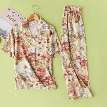 

Flower Short-sleeved Long Trousers Pajama Sets Women Collarless Pullover Pajamas Suit for Home Wear Pyjama Femme Woman Clothes
