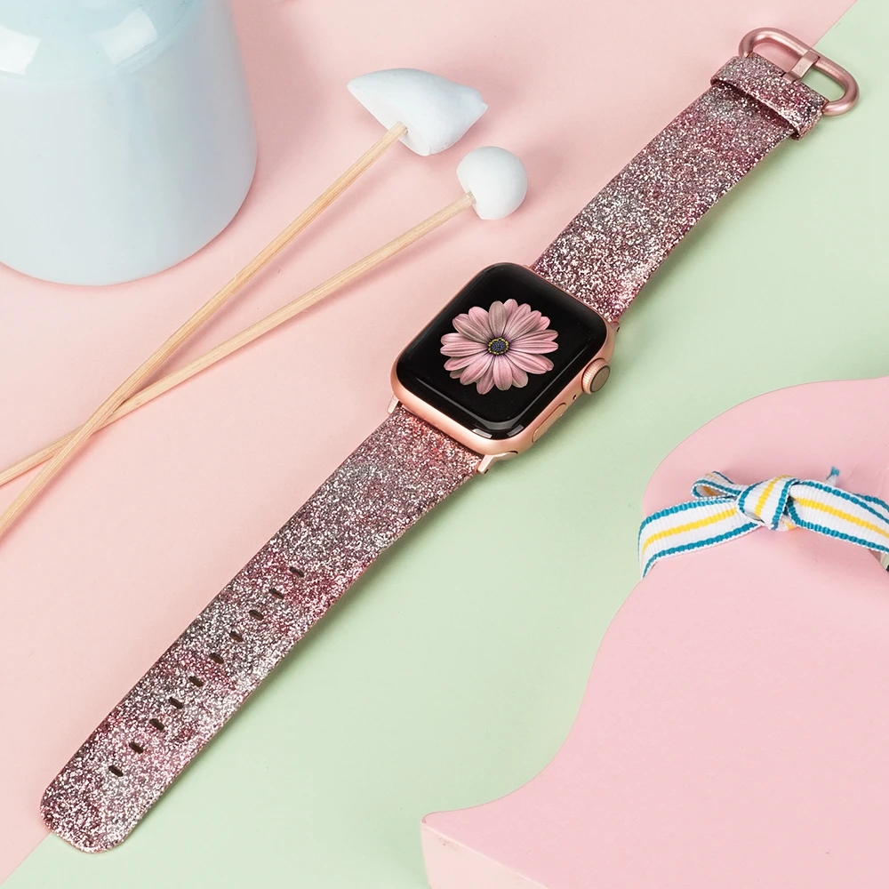 Кожаный ремешок для Apple Watch 38 мм 40 мм для женщин с блестящими бриллиантами 42 мм 44 мм настоящий Блестящий ремешок для iWatch серии 5 4 3 2 1