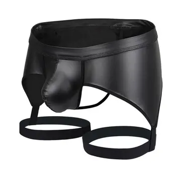 

Sexy Men Bandage U Convex Pouch G-string PU Faux Leather Open Crotch Gay Wear Low Rise Erotic Lingerie Thongs Stage Wear F15