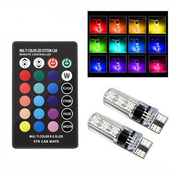 

2Pcs/1set 12V LED T10 W5W 5050 SMD 1.2W Auto Car RGB LED Interior Dome Wedge Reading Light Strobe Lamp Bulb With Remote Control