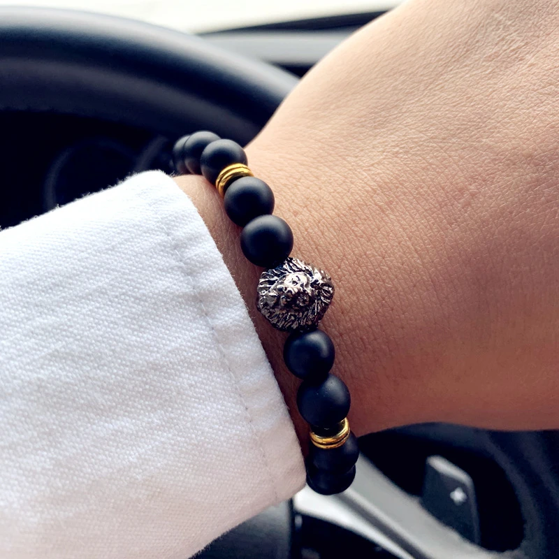 

New Fashion Lion Charm Bracelet Men 2019 Vintage Handmade Matte Bead Bracelet For Men Jewelry Gift Pulsera Hombre