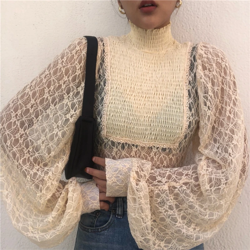 apricot women shirts RealShe женские рубашки и блузки с высоким воротником и длинным рукавом-фонариком, женская элегантная блузка, весенние повседневные сексуальные женские рубашки - Цвет: apricot women shirts