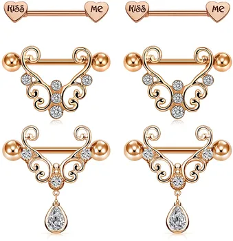 

Nipple Rings Surgical Steel Nipplerings CZ Filigree Heart Nipple Shield Ring Kiss Me Heart Barbell Cute Nipple Piercing forWomen