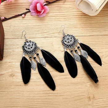 

Bohemia Enamel Flower Feather Leaves Tassel Dangle Earrings For Women Personality Charm Party Jewelry Vintage Long Drop Earrings