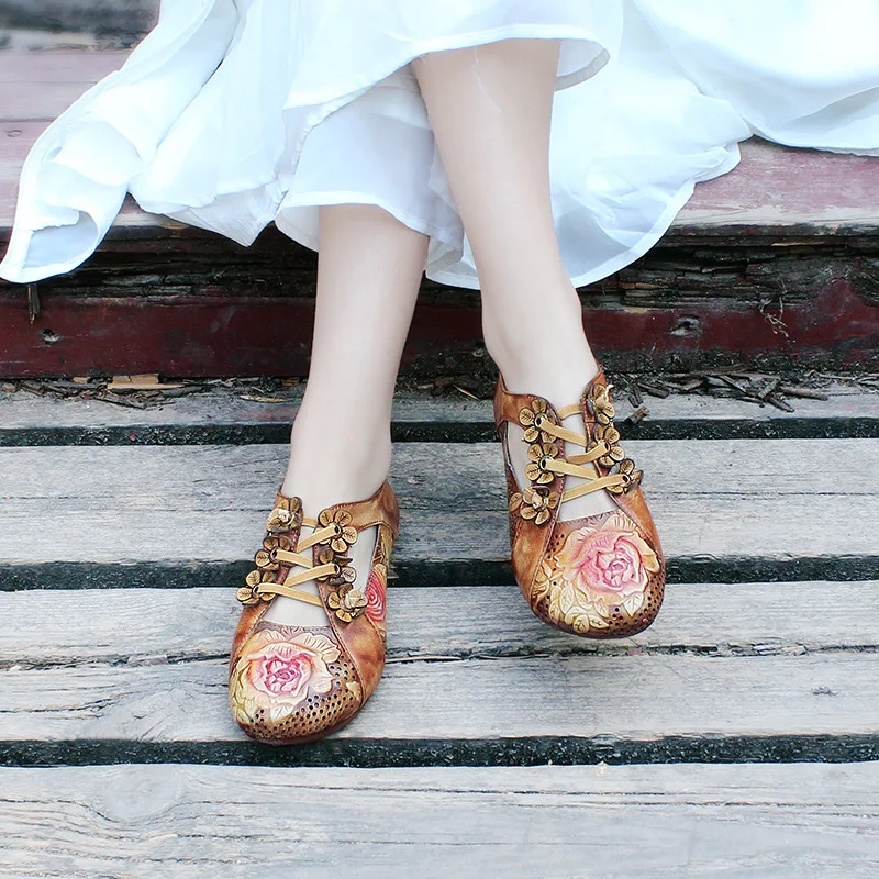 

2020 Spring And Summer New Style Handmade Retro Flower WOMEN'S Shoes Soft Bottom Is Comfortable And Versatile Lace-up Single Por