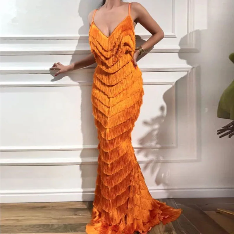 

Orange Tassels Mermaid Prom Dresses Elegant V Neck Spaghetti Strap Formal Evening Dress Abendkleider Custom Made Celebrity Gown