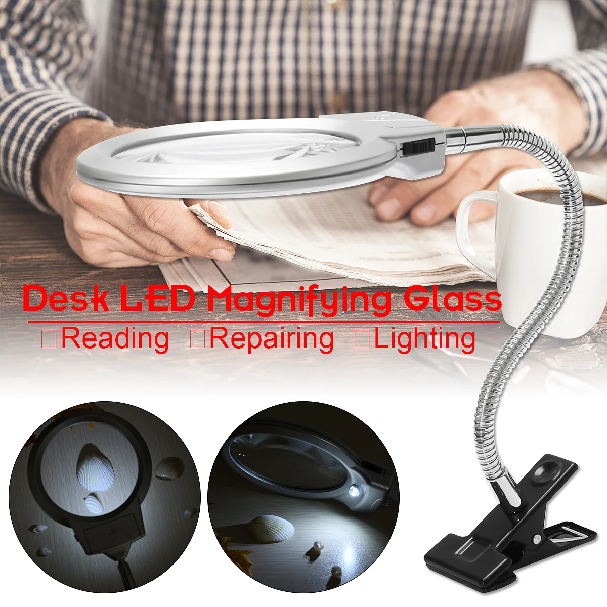 Увеличительное стекло с подсветкой настольное зажимом лупа для чтения