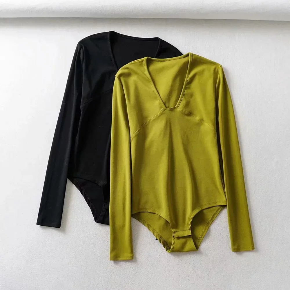 Боди женское Облегающее с длинным рукавом и глубоким V образным вырезом|Боди| |