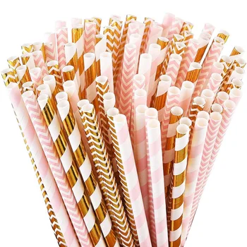 

Pink Straws/Gold Paper Straws for Party, Birthday, Wedding, Baby Shower Decorations and Holiday Celebrations 100PCS