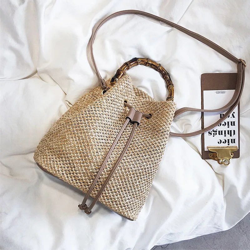 Women Drawstring Straw Bucket Bag Female Summer Handmade Woven Shoulder Messenger Bags Ladies Shopping Purse Beach Bags Handbags