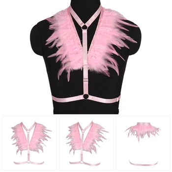 

Pink Feather Harness Cage Bra Strappy Tops Shoulder Angel Wings Bralette for Women Adjust Sexy Lingerie Goth Halloween Rave